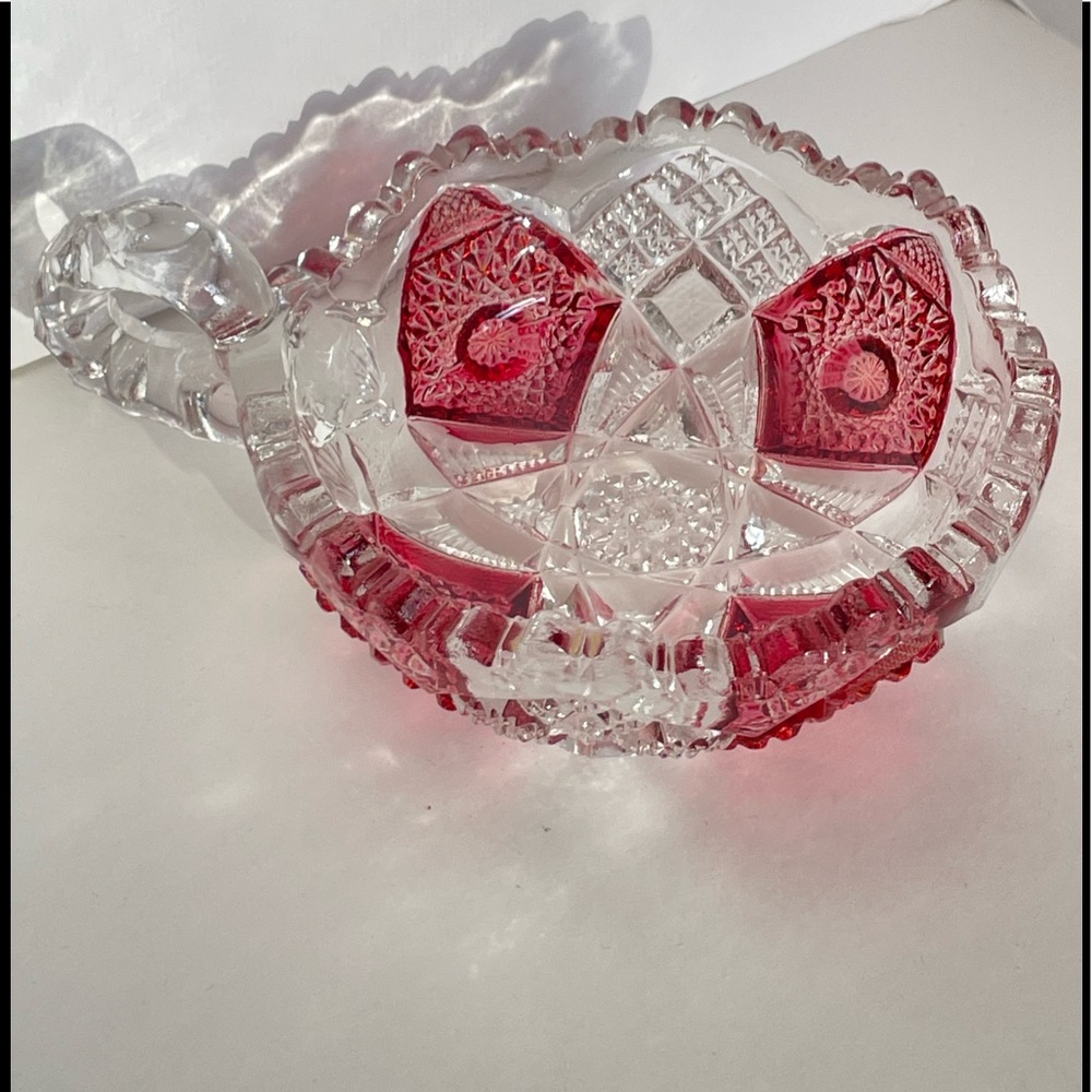 Pressed Glass Candy Dish Ruby Red & Clear Handle Nappy VTG Imperial Glass